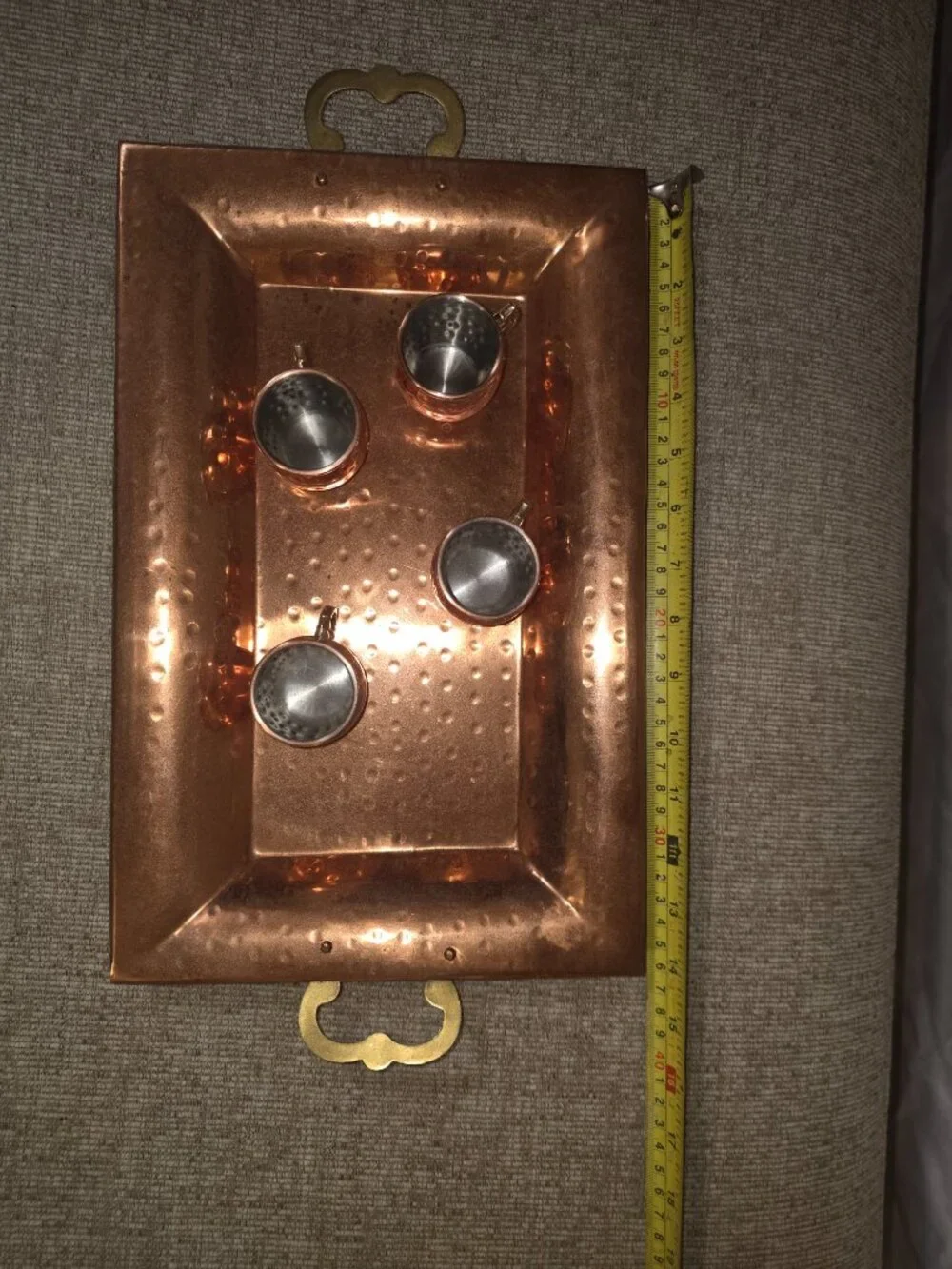 Home Essentials - hammered copper serving tray and 4 cups